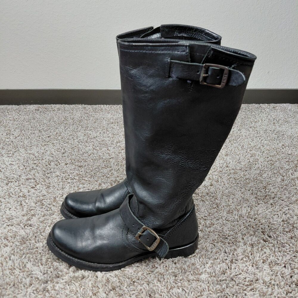 Frye Veronica Slouch Boots Womens 8.5 B Black Leather Riding Moto Harness Buckle - Picture 5 of 11